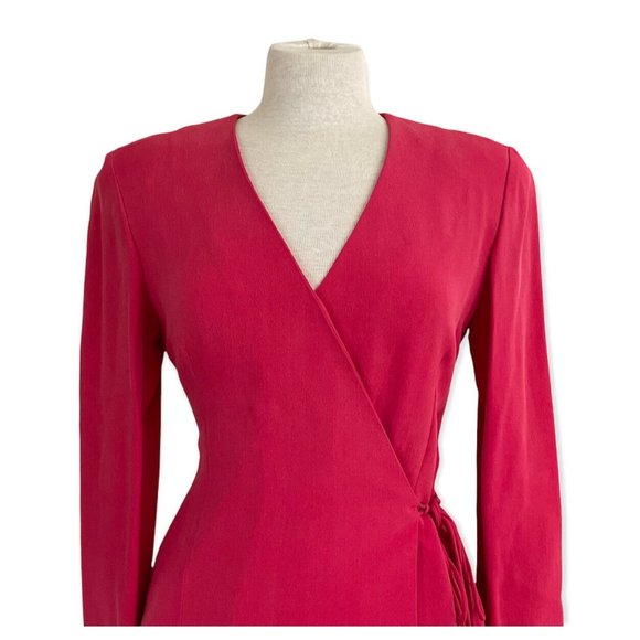 Dana Buchman Coral Pink Silk Wrap Dress Women's Sz 8 Long Sleeve Gold Beaded Tie - Picture 3 of 10